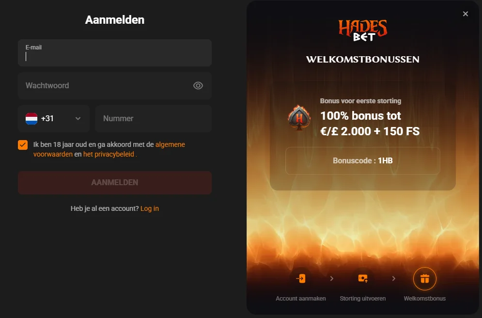 Hadesbet Casino registratie welkomstbonus aanbieding Hadesbet Casino aanmeldpagina met welkomstbonus van 100% tot € 2.000 + 150 gratis spins