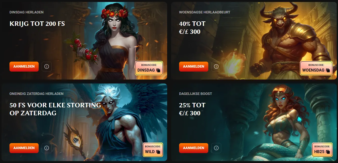 Hadesbet Casino herlaadbonussen en promoties Hadesbet Casino dagelijkse herlaadbonussen met gratis spins en stortingsbonussen op verschillende dagen