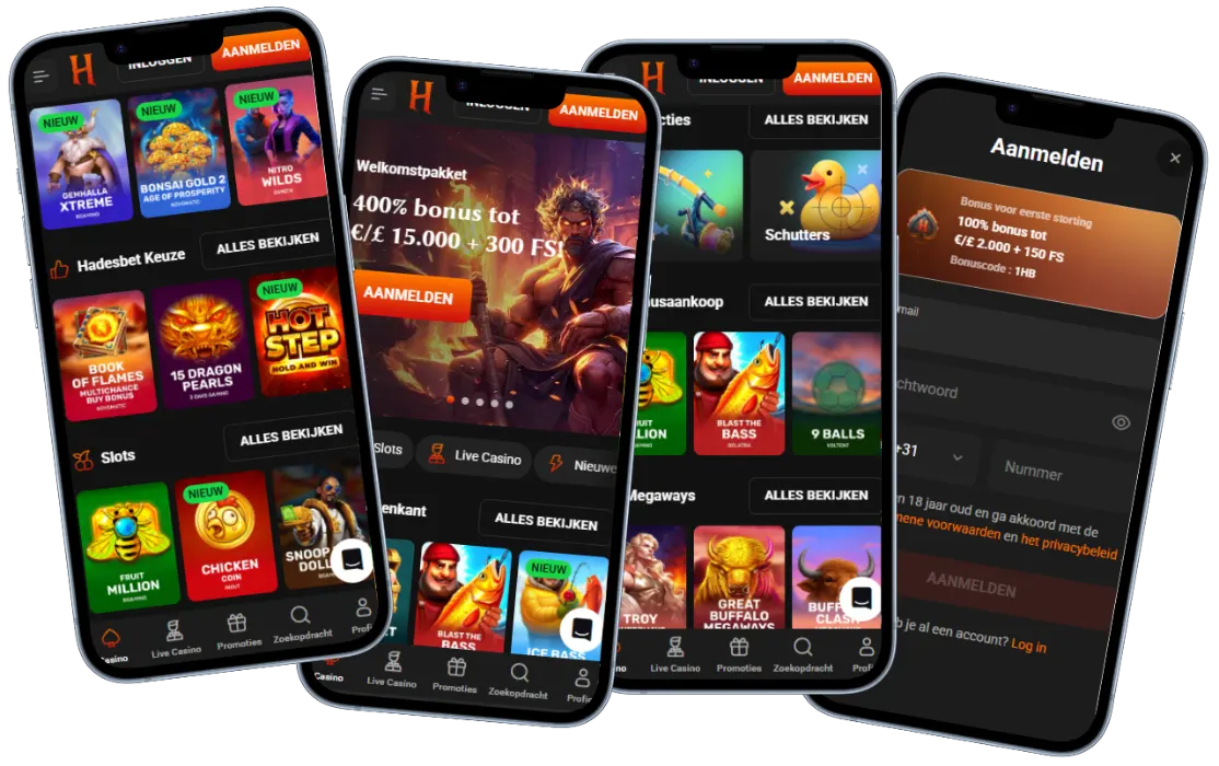 Hadesbet Casino mobiele app overzicht Hadesbet Casino mobiele app lobby met spellen, welkomstbonus en registratie schermen op verschillende apparaten