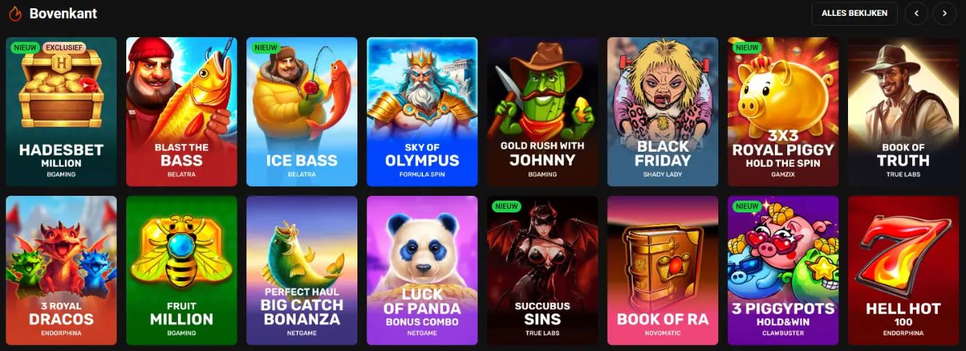 Hadesbet Casino spellen overzicht top slots Hadesbet Casino spellen lobby met top slots zoals Book of Ra, Sweet Bonanza en andere populaire casinospellen